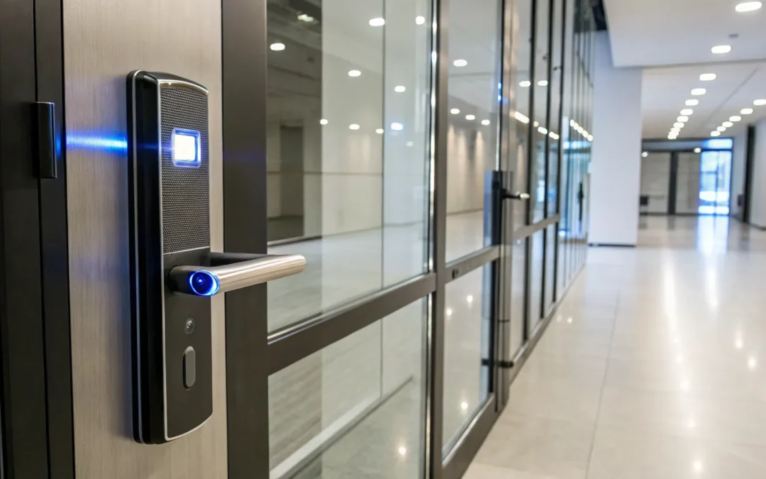 Biometric fingerprint scanner on glass door.