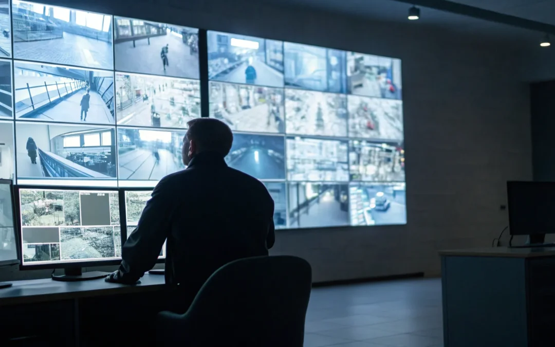 Emergency notification system monitors multiple screens in control room.