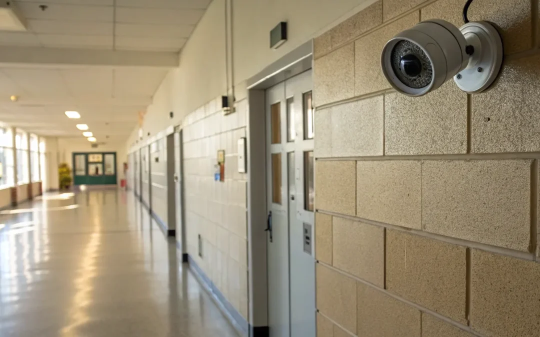 School security system with camera monitoring hallway.