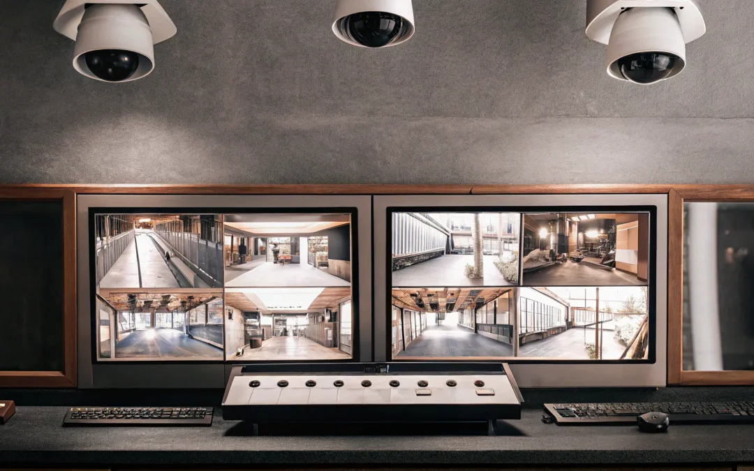 Business security audit surveillance monitors displaying various business areas.