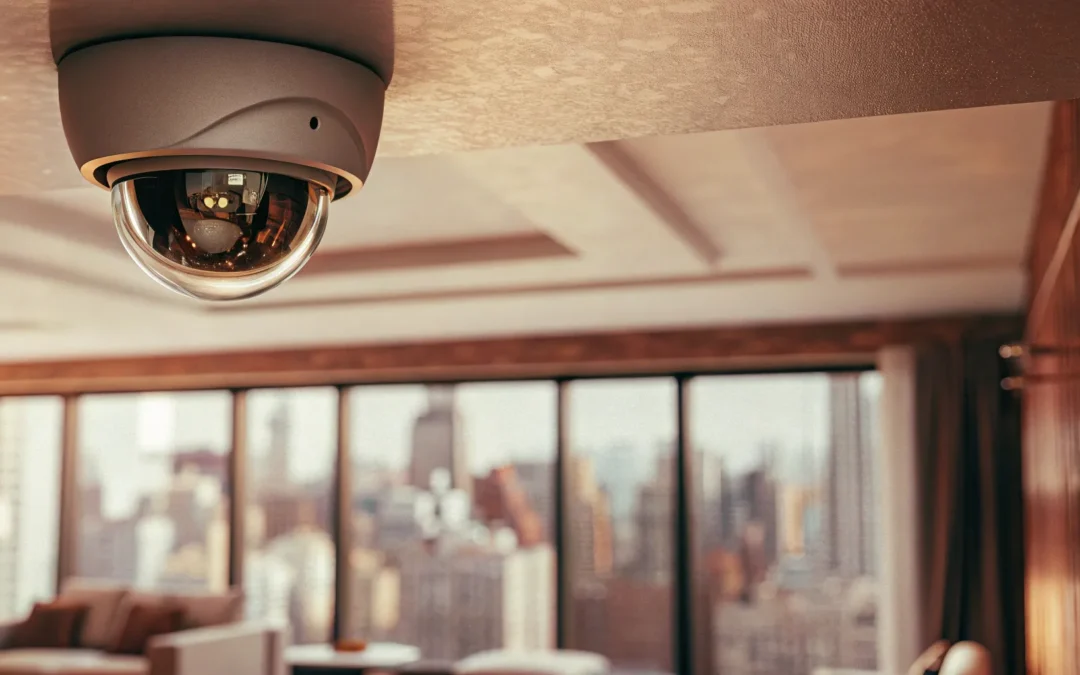Cloud-based security camera enhancing office building security.