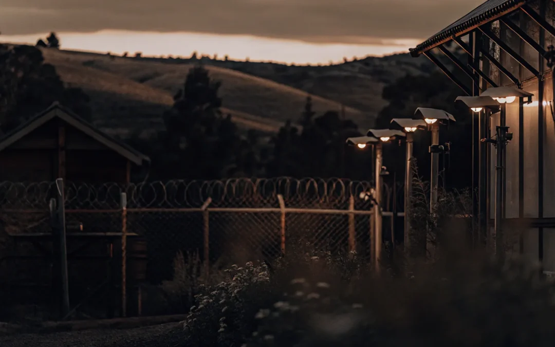 Secure cannabis facility with perimeter fence and lighting.