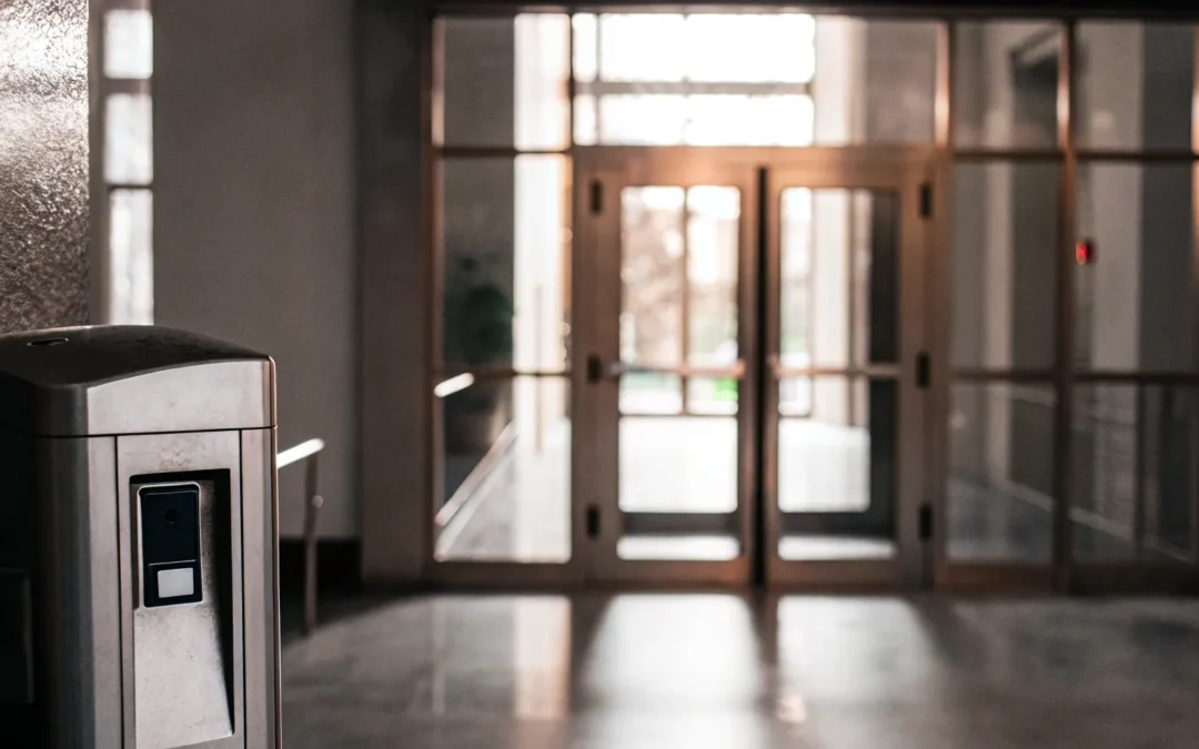 Secure hospital entrance with electronic access control system.