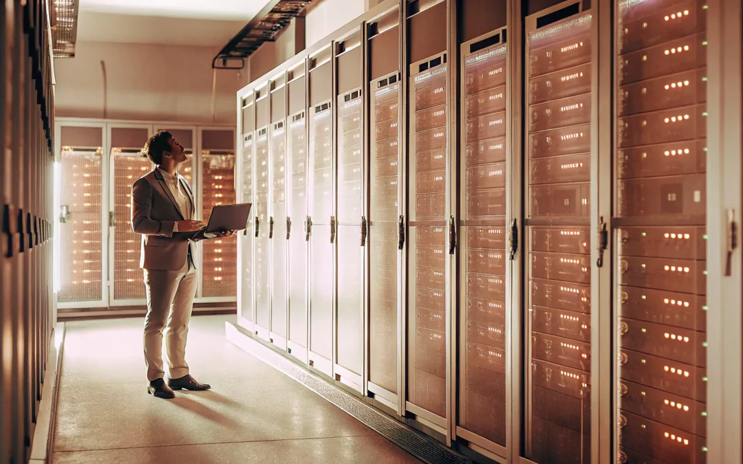 Secure network infrastructure protects data in server room.