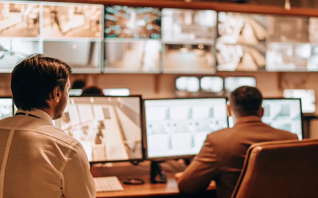 Business security professionals monitoring surveillance screens.