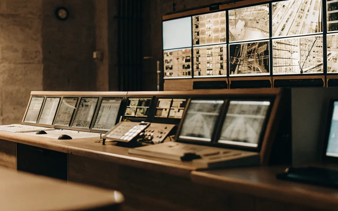 Secure compliance systems monitor data on multiple screens.