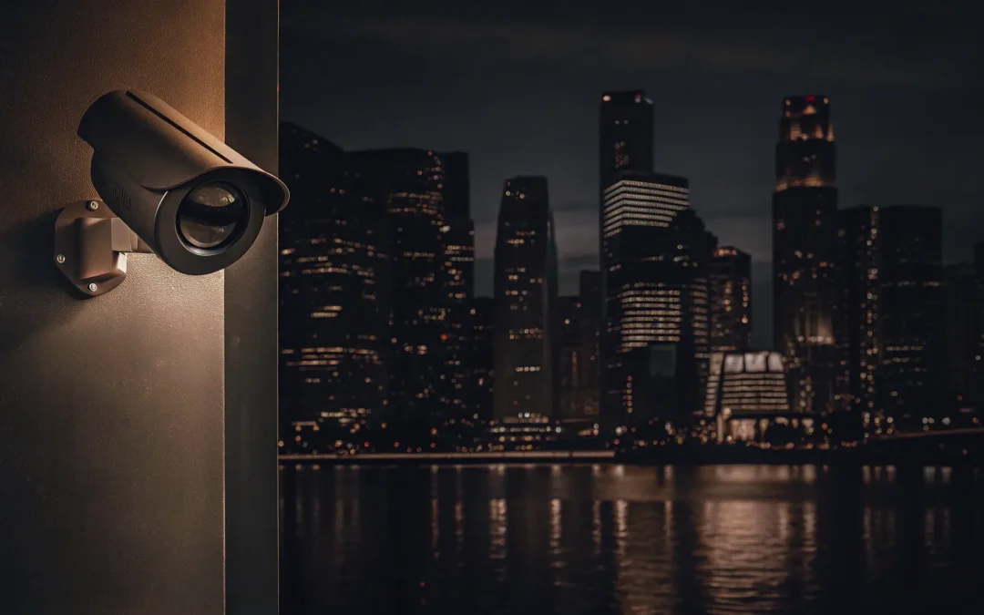 Cybersecurity protects physical security systems, like this camera monitoring a city skyline at night.