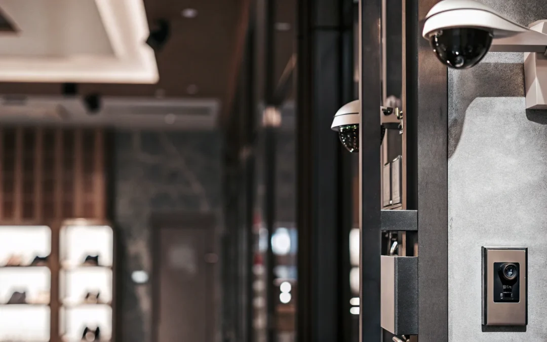 Retail security system with surveillance camera and access control.