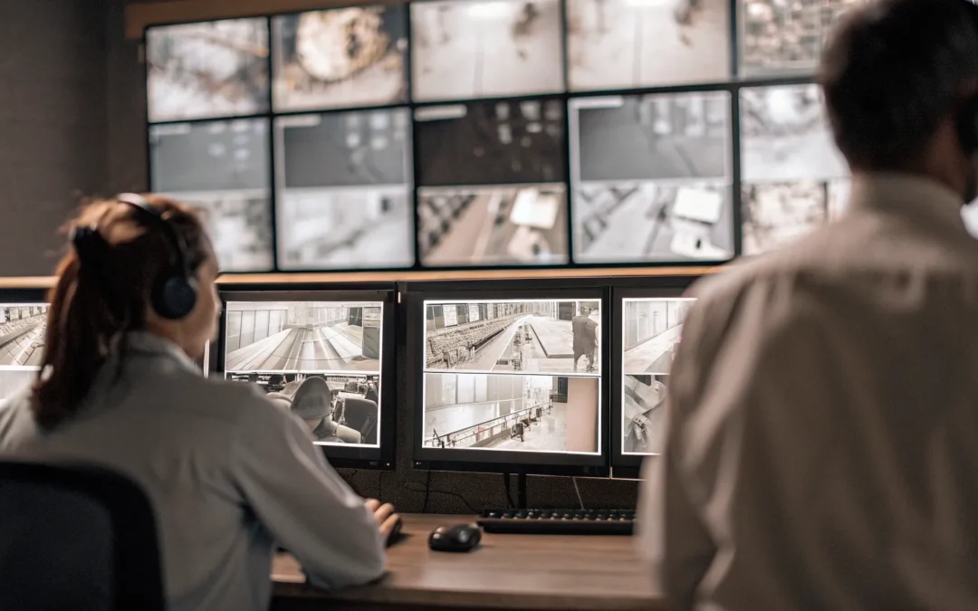 Secure emergency communications center monitoring multiple screens.