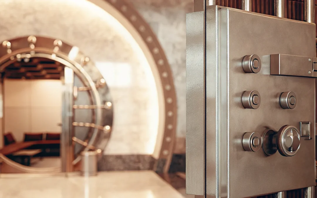 Secure bank vault door with alarm system.