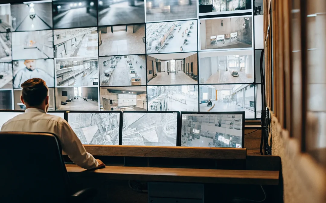 Critical infrastructure security monitored via surveillance cameras.