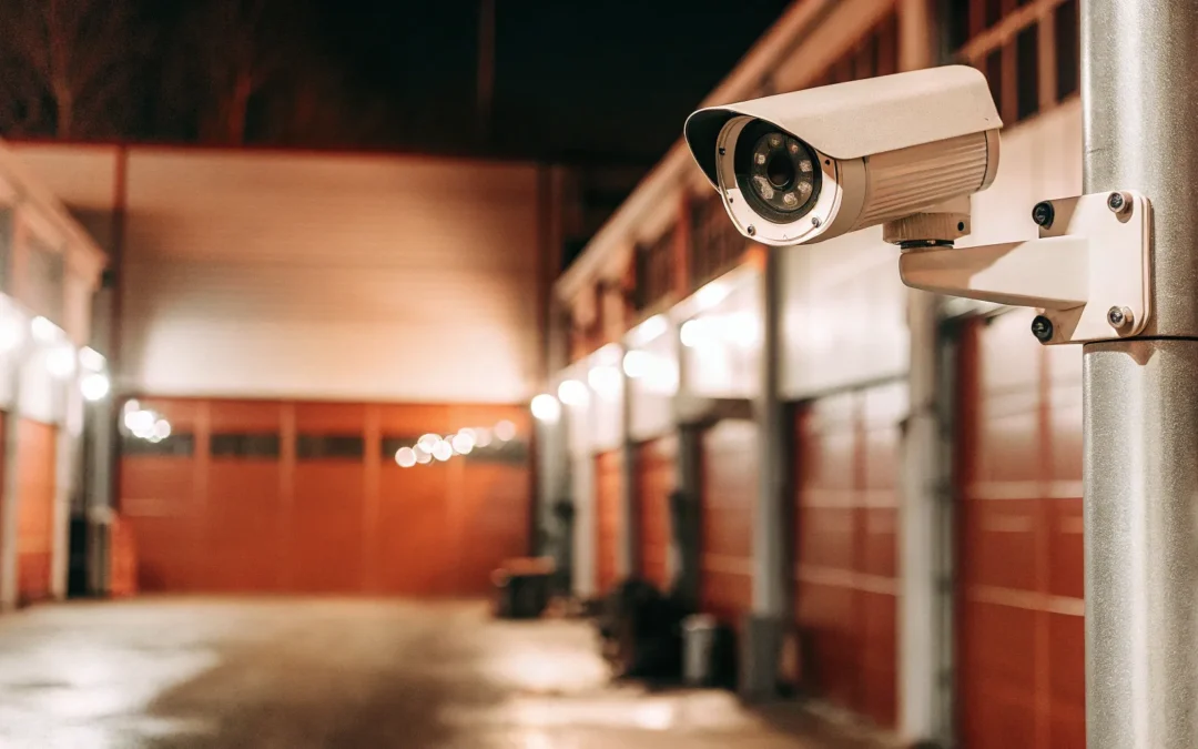 Night view of security camera monitoring industrial facility.