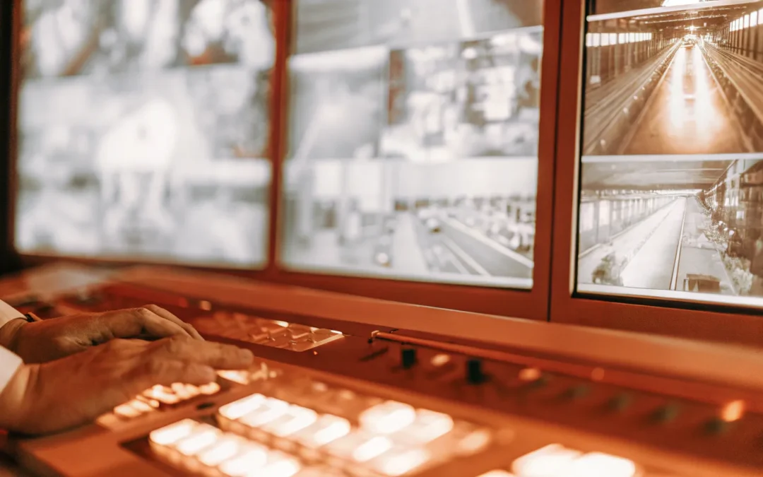 Operator at a control panel managing a scalable video surveillance system across multiple monitors.