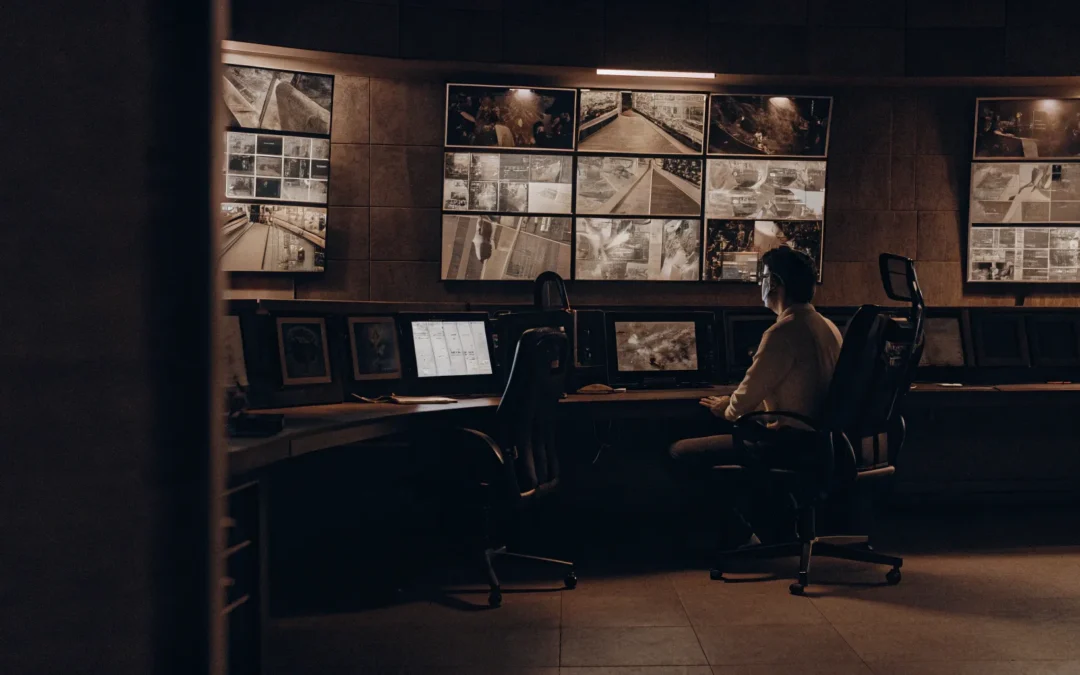 Security operator monitoring video surveillance as a service feeds on multiple control room screens.