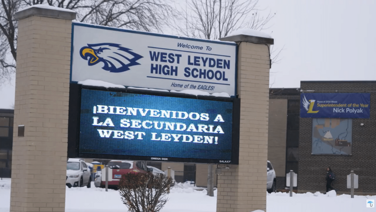 West Leyden High School sign and campus in winter
