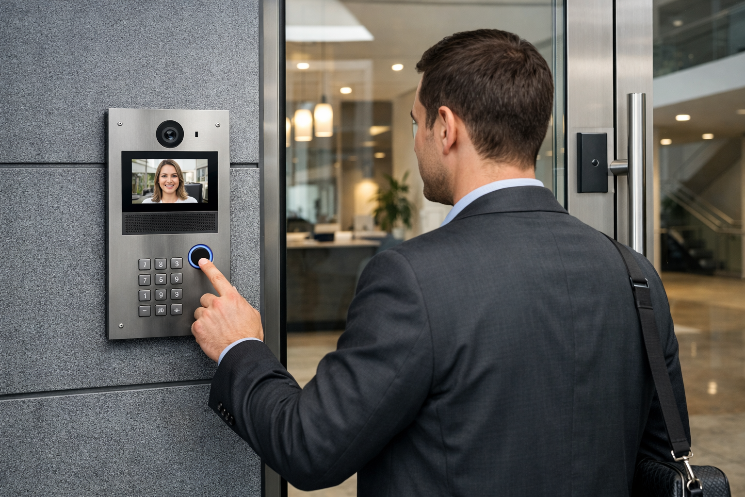 Commercial video intercom system installed at a modern office building entrance