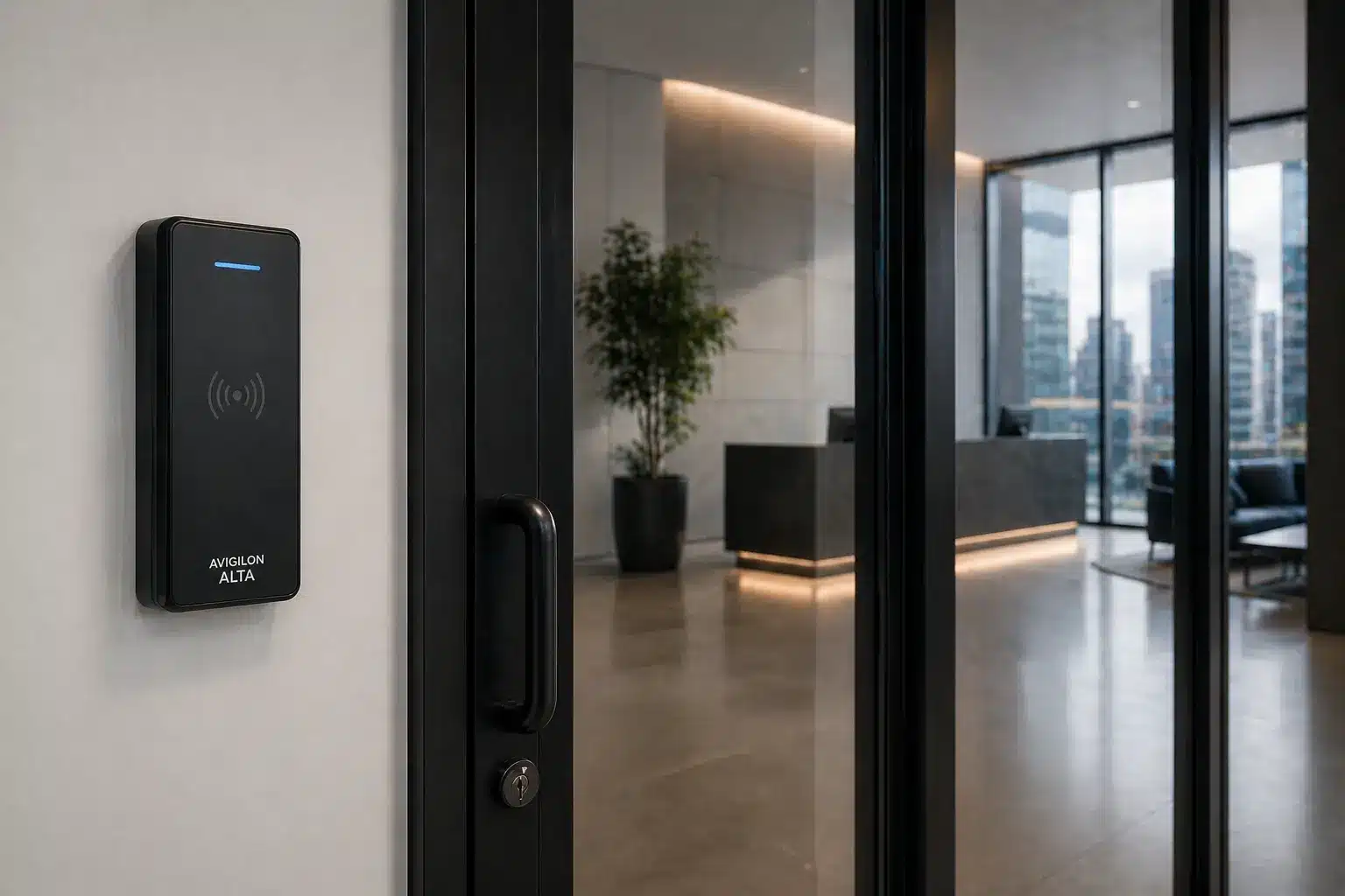 Manufacturer Reviews 10 Avigilon Alta reader at commercial lobby
