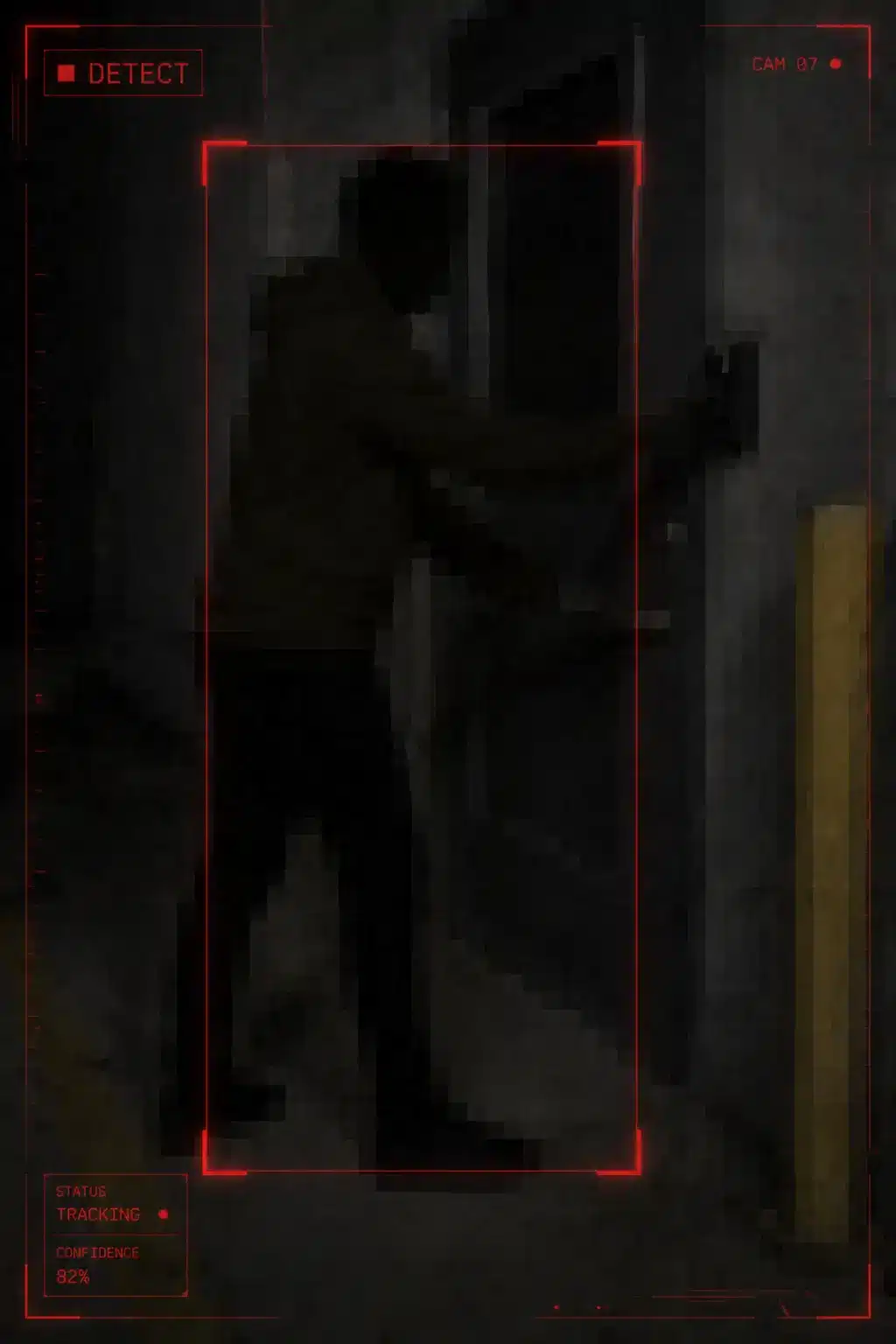 Commercial Security Camera Systems Chicago, IL | Umbrella Security 24 Detect level AI video alert showing a shadowed suspect shape in commercial surveillance video