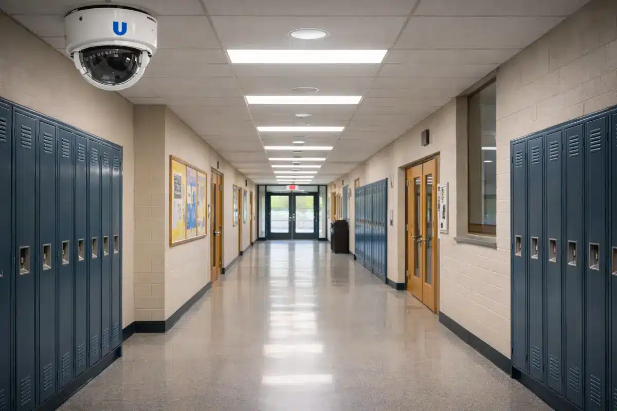 school hallway monitored by video surveillance cameras for improved campus safety and visibility