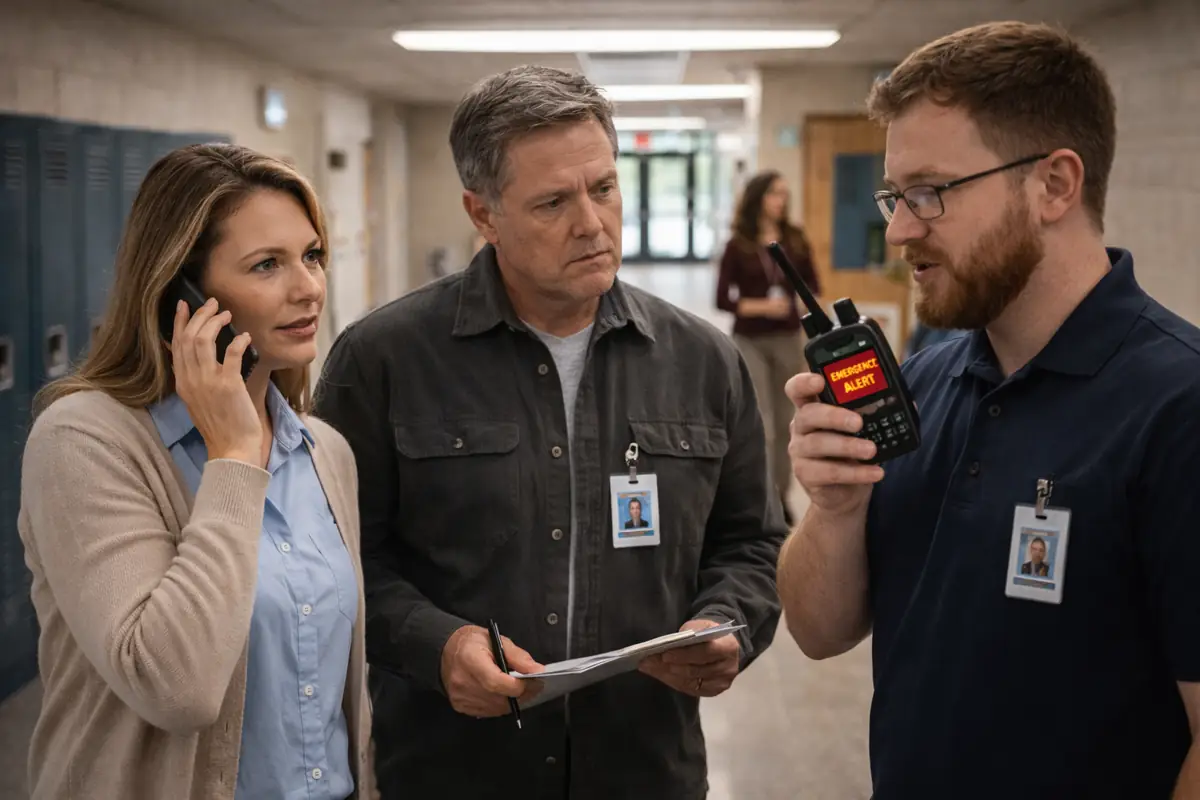 school staff responding to emergency alert using mass notification and communication system