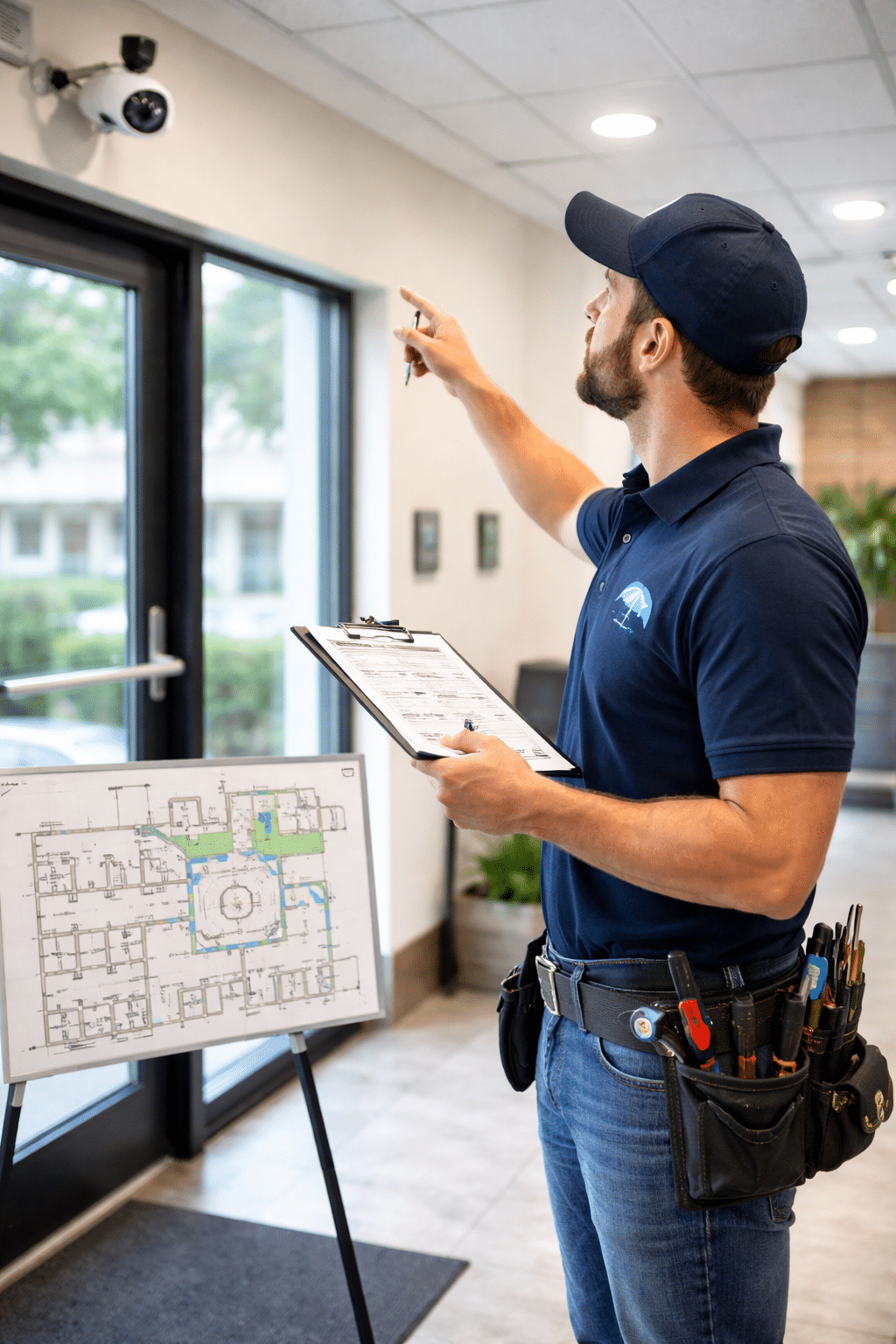 Commercial Security Camera Systems Chicago, IL | Umbrella Security 67 Technician performing a commercial security system site survey