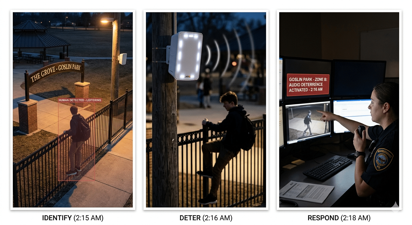 Axis audio analytics and network speaker used for proactive municipal vandalism deterrence