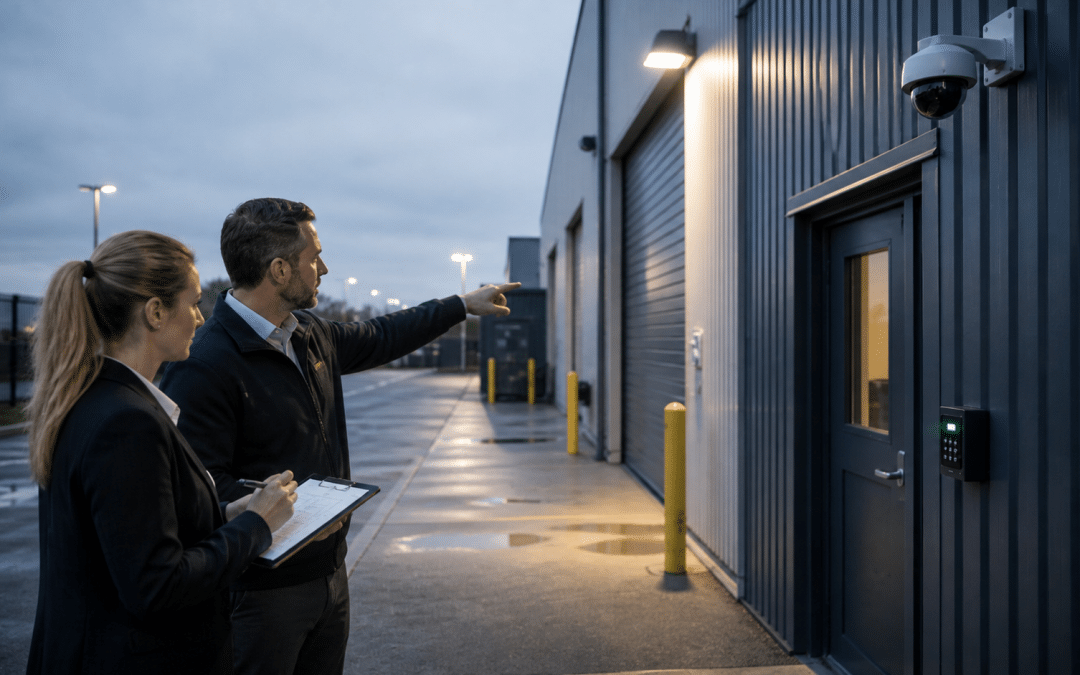 Physical security risk assessment of a modern commercial building entrance with access control, surveillance cameras, lighting, and perimeter security