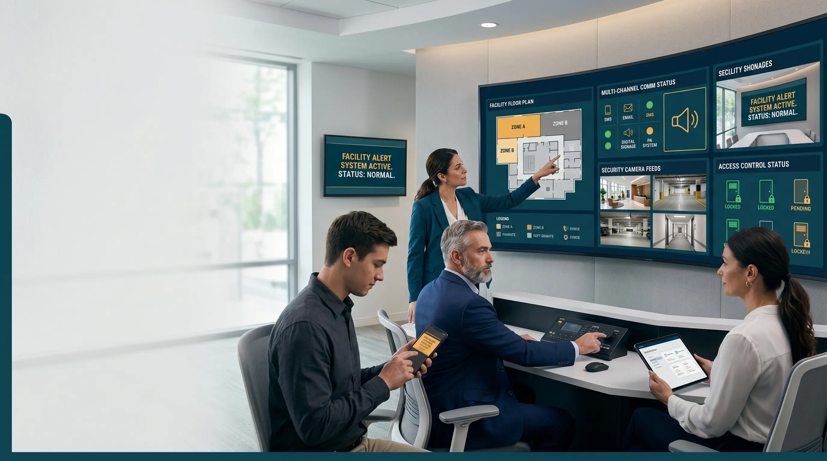 Emergency mass notification systems planning guide showing facility leaders reviewing multi-channel emergency alerts