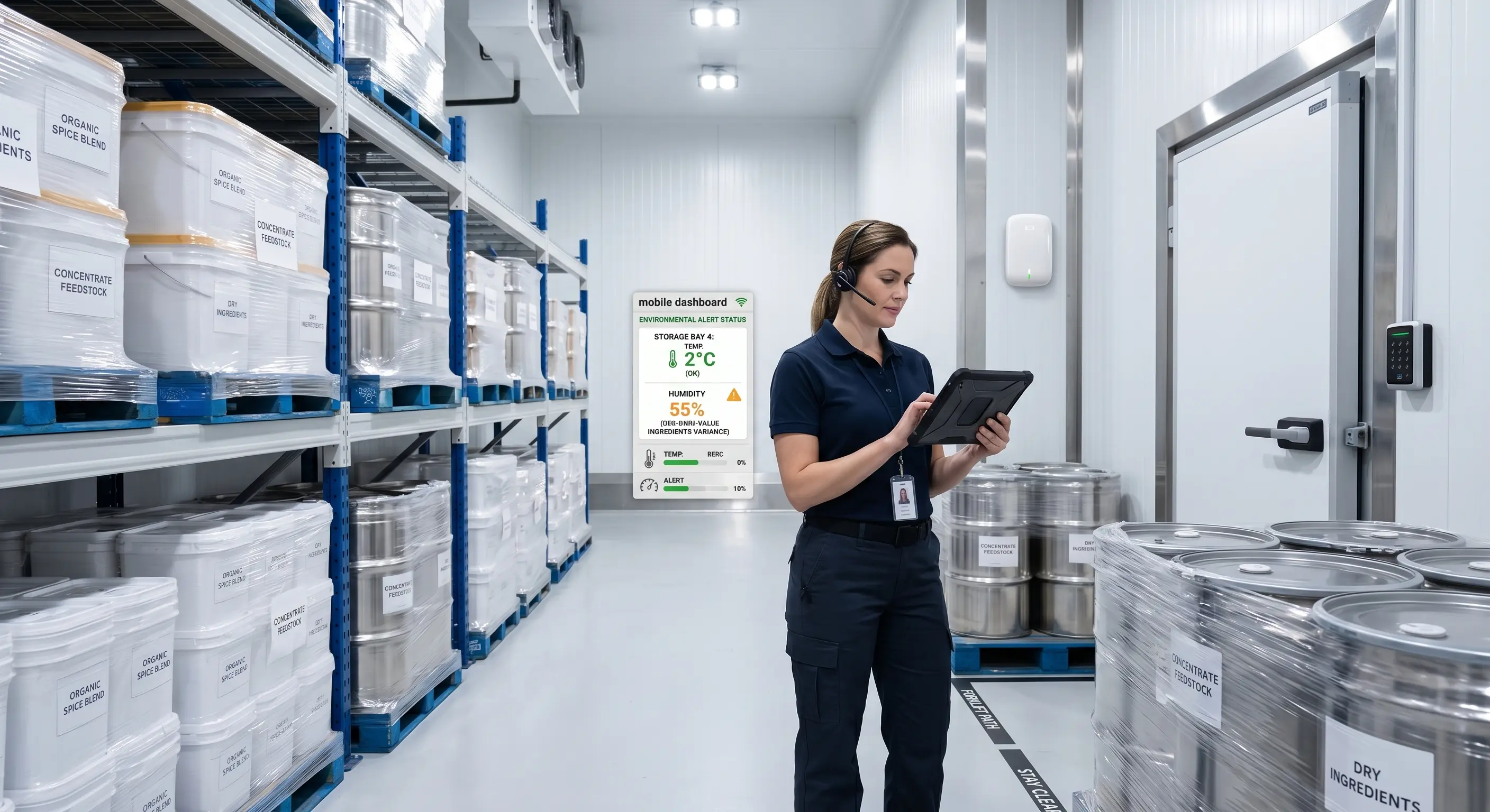 Food manufacturing environmental monitoring for high-value inventory using humidity, temperature, access control, and mobile alerts