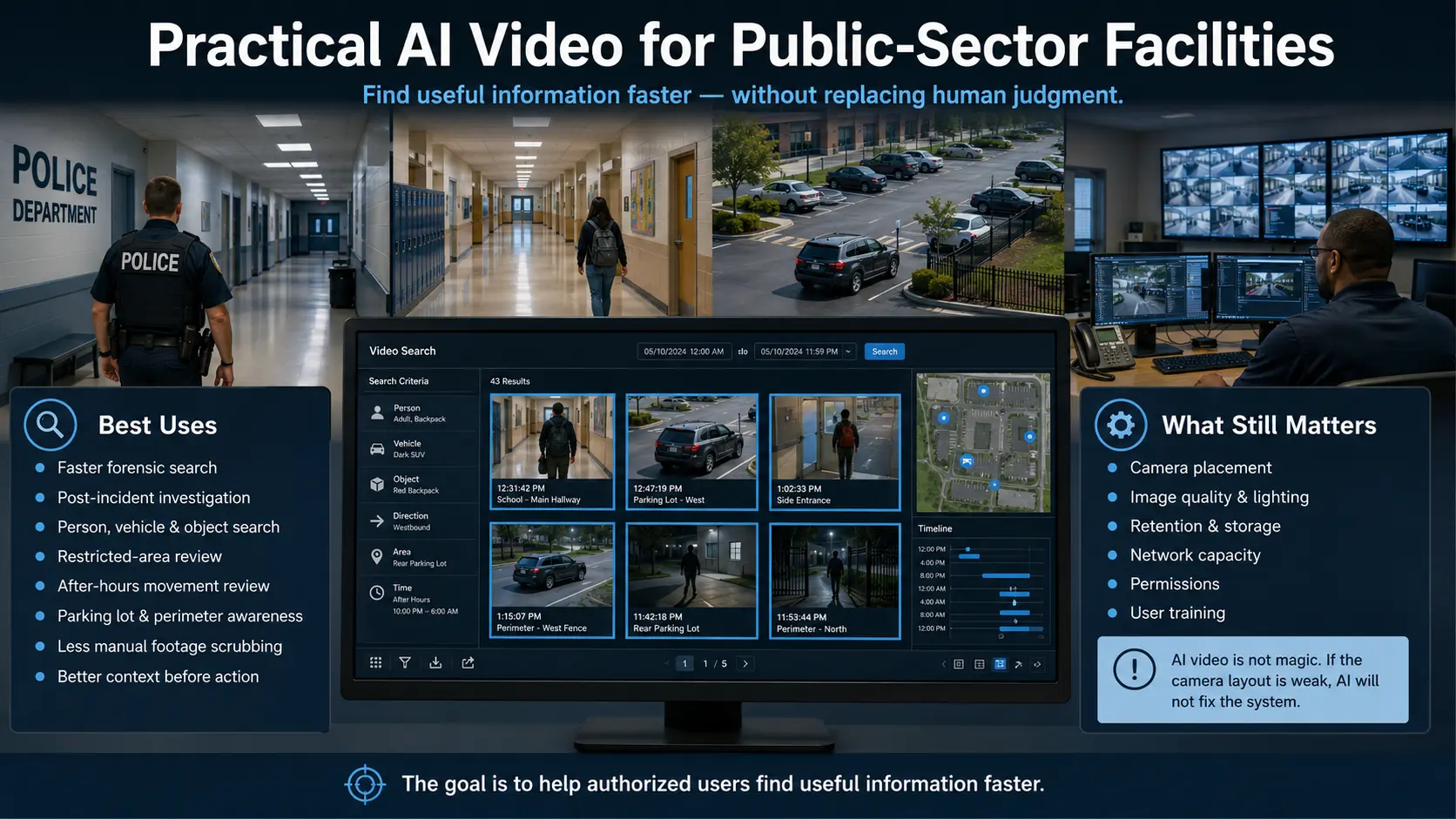 Government Security Systems Illinois Municpal Security Systems 26 AI video for public-sector facilities infographic showing faster search and post-incident review