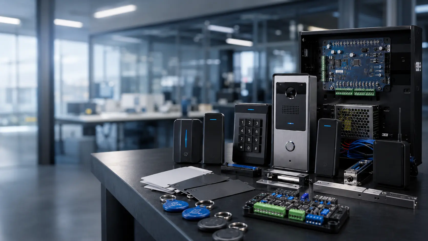 Brivo Access Control Review 4 Brivo reader, controller boards, and intercom equipment on Umbrella testing board