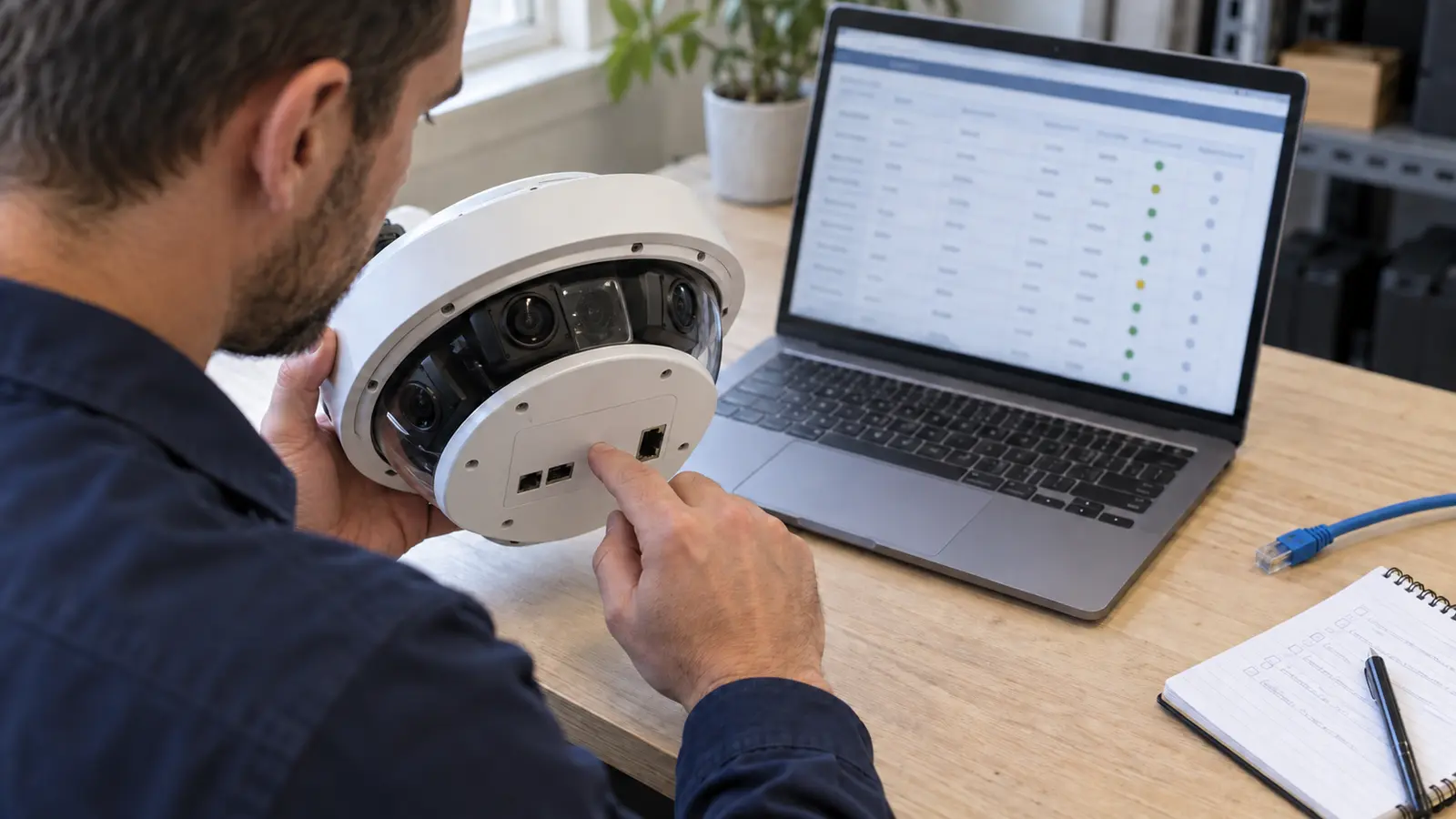 Axis Camera and Milestone XProtect Compatibility Check Security technician checking a multi-sensor camera model against a video management software compatibility list
