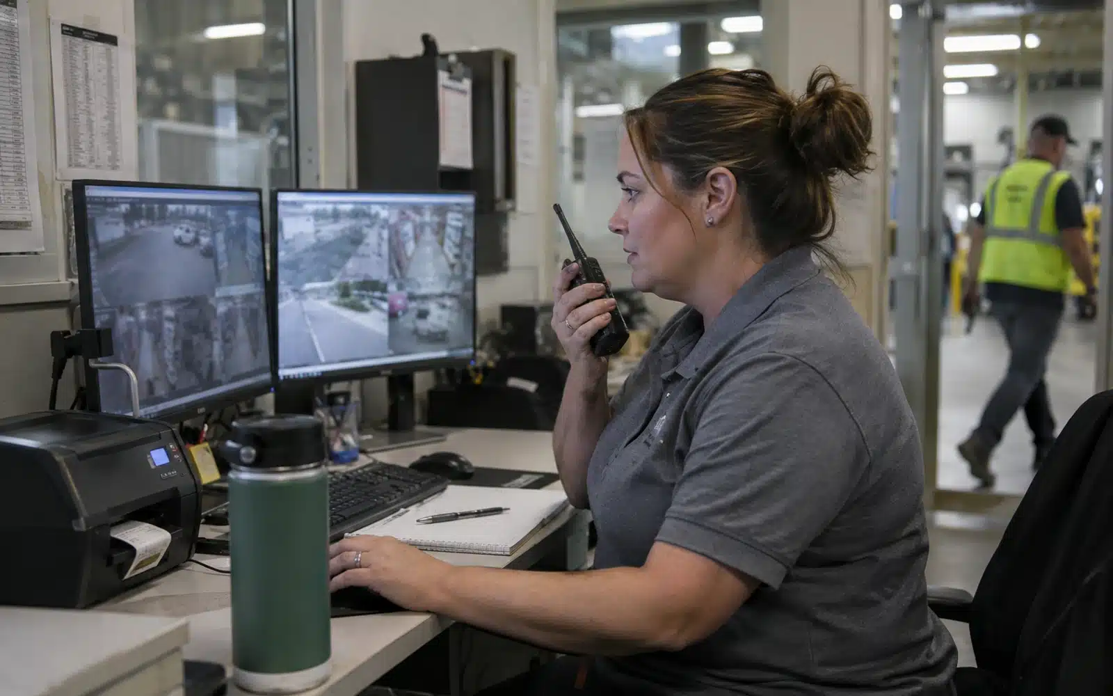 Milestone XProtect VMS Review: What We’ve Learned in the Field 3 Manufacturing security operator monitoring entrances, production areas, and exterior cameras from one desk