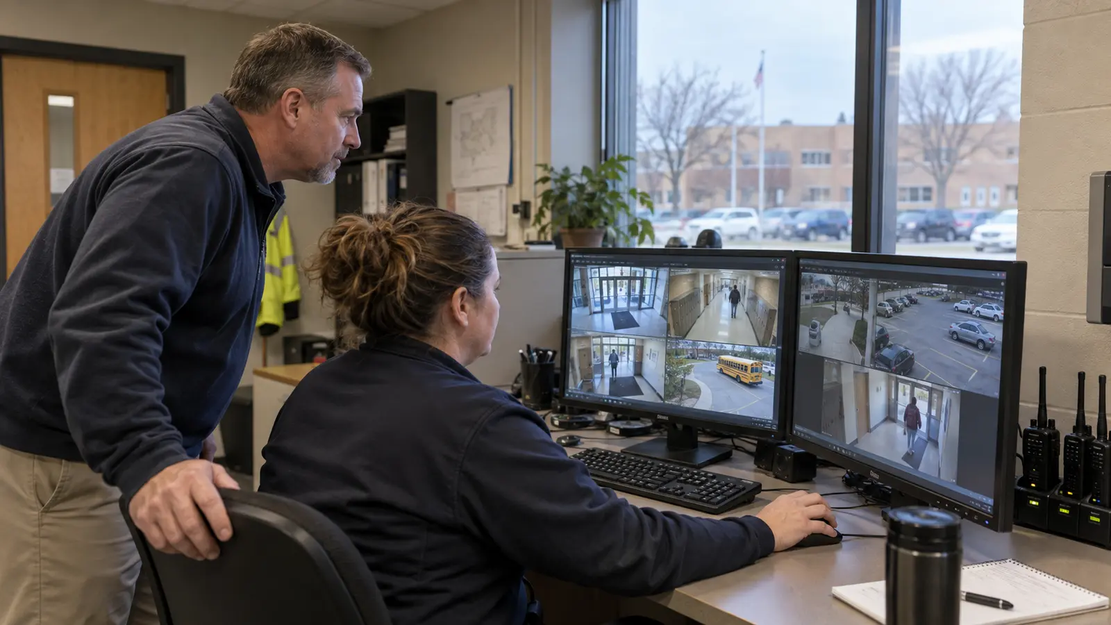 Milestone XProtect Security Operations Workflow School security and facilities staff reviewing entrance, hallway, and parking camera views at an operations desk