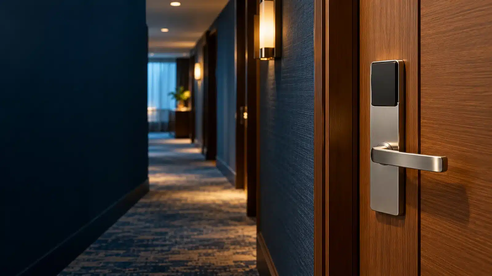 Hotel Access Control Systems: Plan Your Next Upgrade 1 Illustrative hotel corridor with an unbranded electronic guest-room lock.